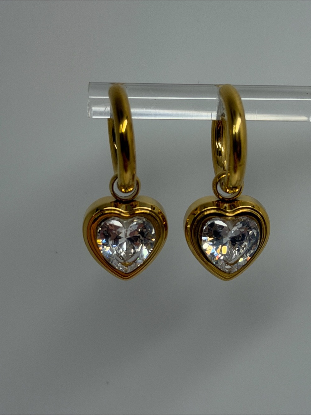 14k Yellow gold plated dangle heart shapes Cubic Zirconias Hoops Earrings !